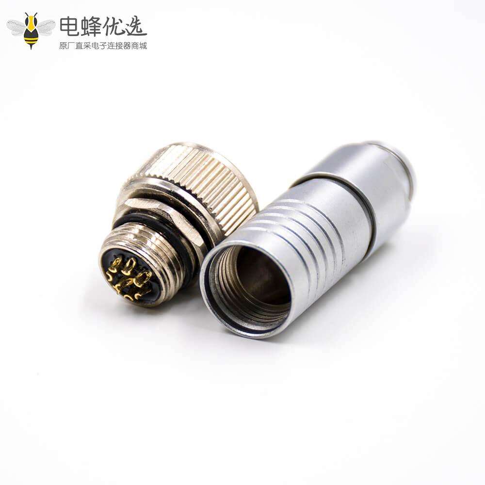 M12母插头8芯防水A扣母头180&deg;组装接头接线连接器带屏蔽