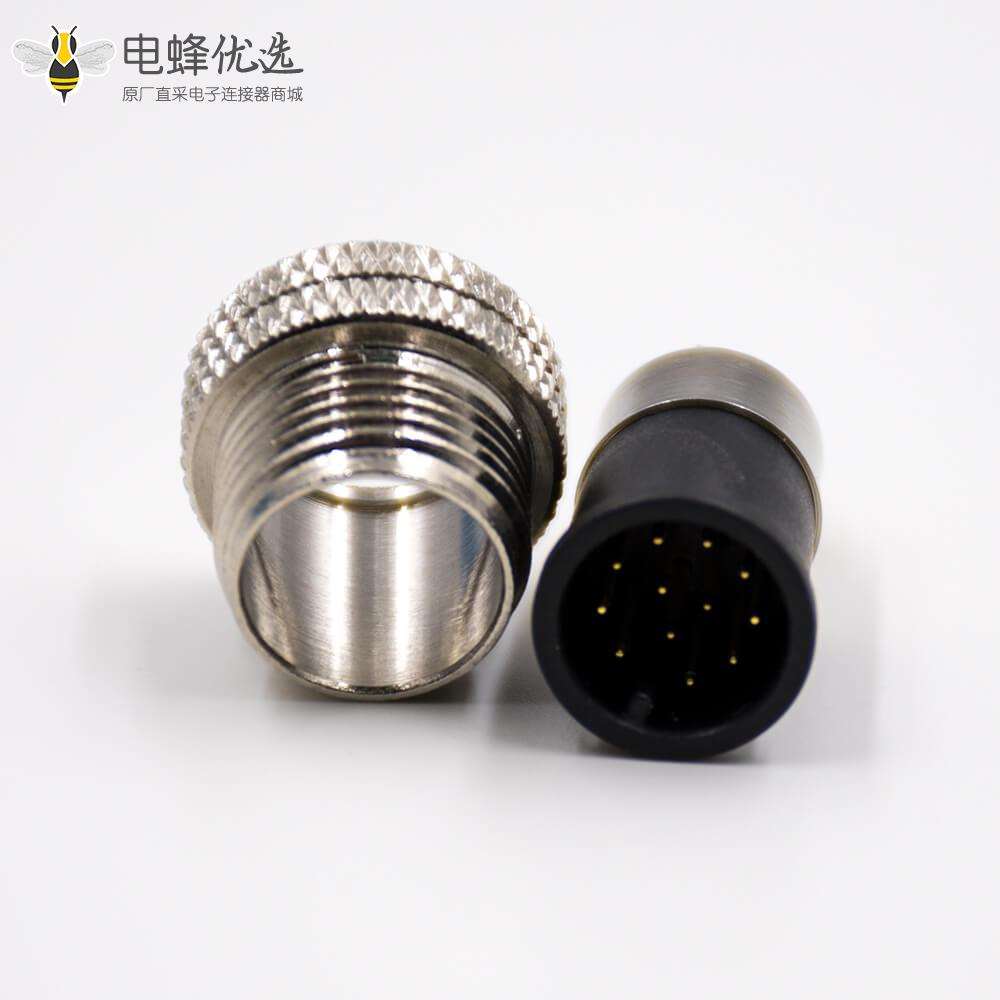 传感器公头M12组装接头A扣12芯直式接线焊接式带屏蔽连接器