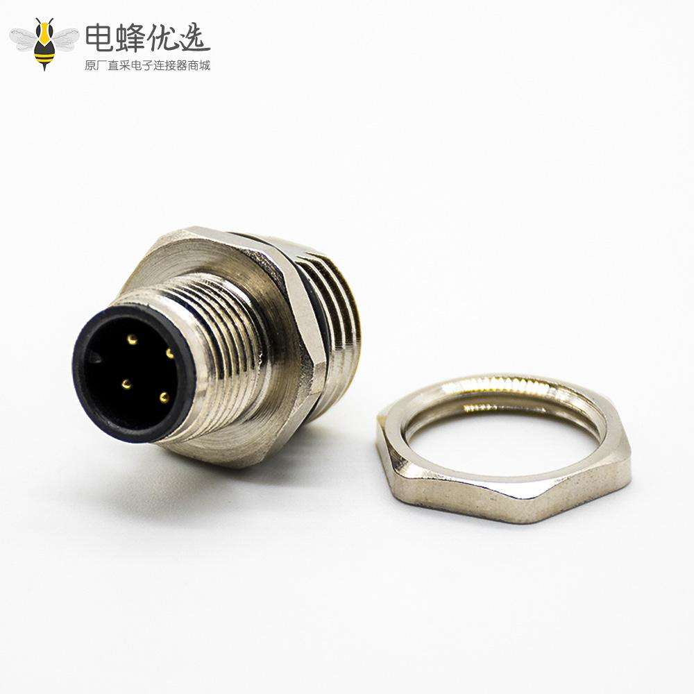 M12 4芯航空头后锁板防水直式A扣板端插座公头焊接式接PCB板