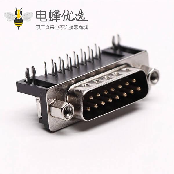 D-Sub15连接器插座公头弯式90&deg;黑胶铆锁接PCB板