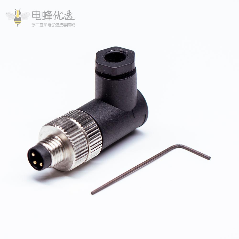 M8插头IP67防水90度弯角组装式接线3芯A型公插头工业航空连接器
